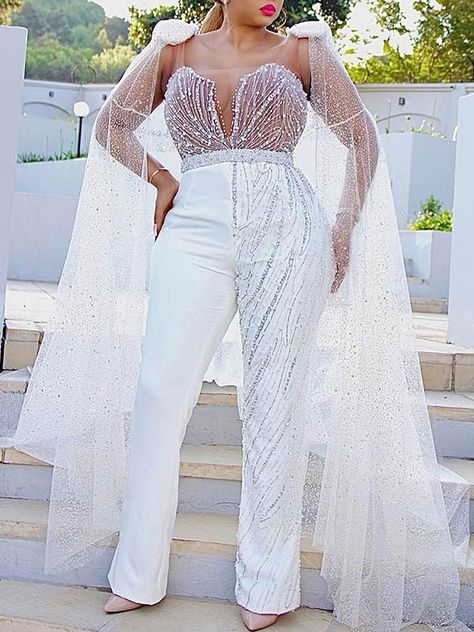 Bridal Jumpsuit The Bride, Romper With Overskirt, Reception Jumpsuit, Wedding Reception Outfit, Empire Maxi Dress, Wedding Dress Jewelry, Plus Size Brides, Mesh Jumpsuit, Wedding Options