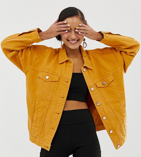 Monki oversized denim jacket with organic cotton in mustard Yellow Jean Jacket Outfit, Yellow Denim Jacket Outfit, Mustard Jacket Outfit, Yellow Jacket Outfit, Denim Jacket Outfit Ideas, Oversized Denim Jacket Outfit, Yellow Denim Jacket, Mustard Jacket, Jacket Outfit Ideas