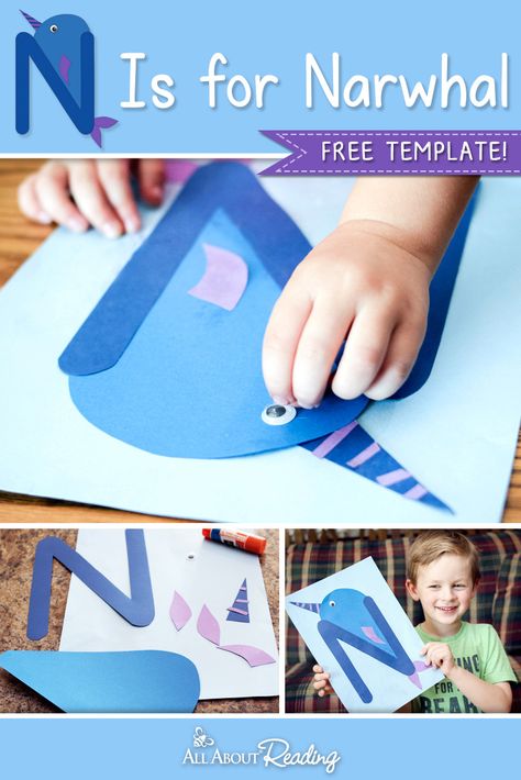 FREE template for this fun letter craft! N is for Narwhal encourages letter recognition. Letter N Craft, Narwhal Craft, N Is For Narwhal, Kids Crafts Letters, Letter N Activities, Preschool Letter Crafts, Easy Preschool Crafts, Prek Crafts, Alphabet Crafts Preschool