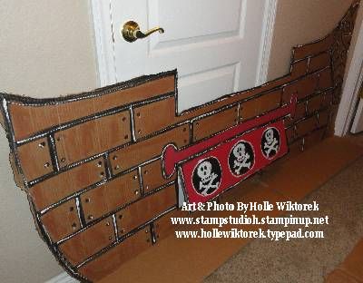 Pirate Ship1 Pirate Ship Prop, Mickey Pirate Party, Pirate Ships Diy, Mermaid Scene, Cardboard Pirate Ship, Pirate Unit, Pirate Ideas, Pirate Props, Pirate Books