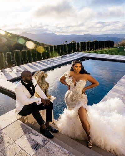 Bridal Bliss: Influencer Charity Washington And Former NFL Star DeShaun Foster Wed In A Top-Secret Ceremony In Calabasas | Essence Fairwell Ideas, Wedding Dress Glam, Black Weddings, Extravagant Wedding Dresses, Glam Wedding Dress, Reception Dresses, Stylish Wedding Dresses, Fancy Wedding Dresses, White Heat