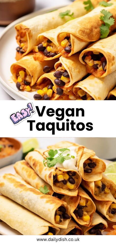 Vegan Taquitos Taquitos Vegetarian, Vegan Taquitos Recipe, Vegan Taquitos, Black Bean Taquitos, Bean Taquitos, Baked Taquitos, Black Beans And Corn, Taquitos Recipe, Beans And Corn