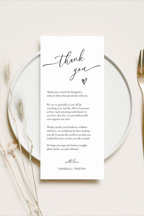 This simple wedding menu template has a minimalist design, perfect for any boho or minimalist wedding! Use this template to edit the fonts, font colour, and background colour to match your event needs.
🤍 DEMO LINK 
https://templett.com/design/demo/Lucy96/16191650,16191668
🤍 INSTANT DOWNLOAD
- Access your template after your purchase.
- Edit in your browser using TEMPLETT
- No need to download any software
🤍 WHAT'S INCLUDED:
- Wedding Menu - 4x8", 4x9" Wedding Invitation Cards Online, Simple Wedding Menu, Free Wedding Cards, Menu Card Template, Thank You Template, Thank You Printable, Wedding Menu Template, Place Card Template, Wedding Greeting Cards