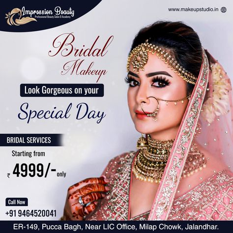 Impression Beauty Make-Up Experts specialize in creating authentic regional bridal looks magically adding finesse and class to each. 👉For more information get in touch with us on: ☎️ Call: +91 9464520041 📧 Email: jalandhar@makeupstudio.in 🌐 Visit: www.makeupstudio.in 🏠: Address: ER-149, Pucca Bagh, Near LIC Office, Milap Chowk, Jalandhar. #bridemakeup #bride #makeup #makeupartist #weddingmakeup #wedding #bridalmakeup #makeupstudio #makeupstudiojalandhar Bridal Makeup Poster Design, Beauty Parlour Offer Poster, Makeup Graphics, Makeup Branding, Offer Poster, Gorgeous Eye Makeup, Makeup Poster, Gorgeous Wedding Makeup, Indian Bride Makeup