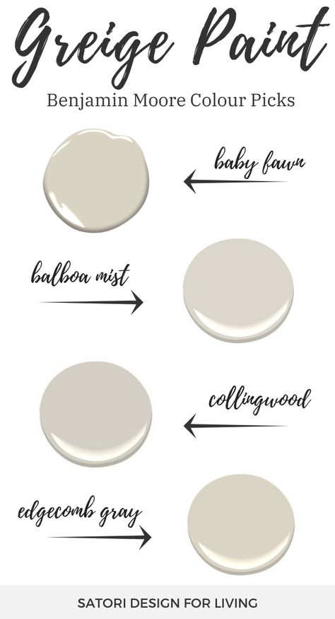 Benjamin Moore Greige Paint Colours - Popular Neutral Paint Colours for Walls and More - Baby Fawn | Balboa Mist | Collingwood | Edgecomb Gray #ad #benjaminmoore #greigepaint #livingroompaint Benjamin Moore Greige, Colours For Walls, Neutral Paint Colours, Popular Neutral Paint Colors, Diy Large Wall Art, Balboa Mist, Edgecomb Gray, Greige Paint Colors, House Flipping