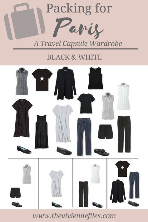 A travel capsule wardrobe for Paris, France in a black and white French minimal color palette Paris Travel Wardrobe Summer, Trip Capsule Wardrobe, Travel Wardrobe Summer, Paris Travel Wardrobe, Outfit Europe, Paris Packing, Packing Wardrobe, The Vivienne Files, Vivienne Files