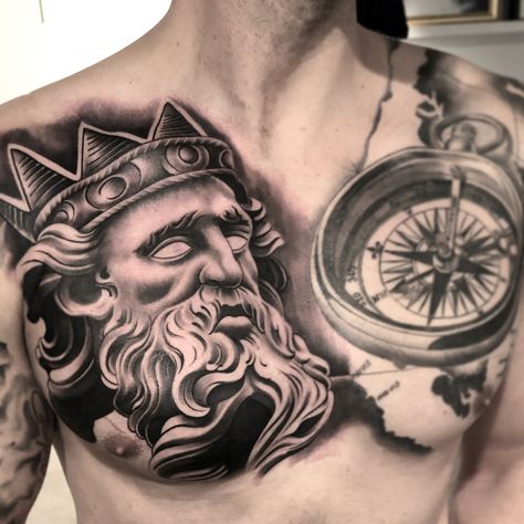 Poseidon tattoo with compass tattoo chest done by kumbia cortes Poseidon Chest Tattoo, Posiden Chest Tattoo, Zeus Tattoo Chest, Japanese Tattoos For Men, Poseidon Tattoo, Zeus Tattoo, Archangel Tattoo, Chicano Tattoos Sleeve, Tattoo Prices