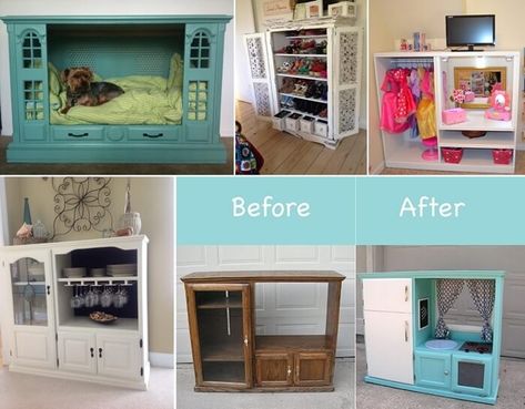 What To Do With An Old TV Cabinet? Tv Cabinet Redo, Tv Stand Upcycle, Tv Cabinet Repurpose, Small Media Cabinet, Old Tv Cabinet, Kitchen For Kids, Play Bakery, Old Tv Stands, Oak Tv Cabinet