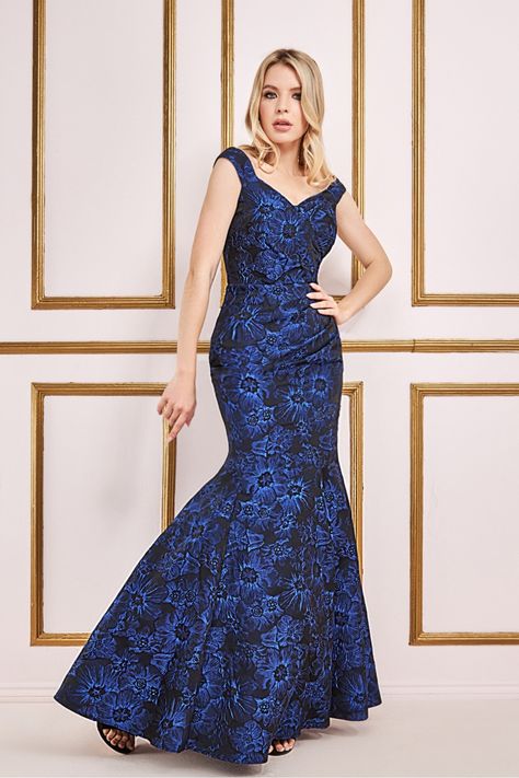 Bardot Jacquard Maxi Dress - Royal Blue Goddiva Black Tie Events, Dainty Jewellery, Affordable Bridesmaid Dresses, Tie Maxi Dress, Velvet Maxi Dress, Dresses Royal, Sequin Maxi, Split Maxi Dress, Long Sleeve Sequin