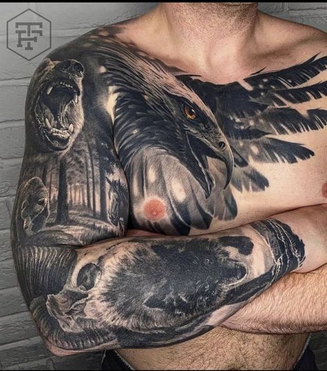 Eagle Chest Tattoo, Bear Tattoo Designs, Animal Sleeve Tattoo, Nature Tattoo Sleeve, Wolf Tattoo Sleeve, Skull Sleeve Tattoos, Skull Sleeve, Realistic Tattoo Sleeve, Bull Tattoos