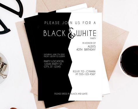 Printed and Downloadable party invitations and more by MetroEvents Black And White Party Invitations, White Party Invitations, Black And White Party Decorations, All Black Party, White Party Theme, Birthday Party Locations, Black And White Party, White Party Decorations, Black White Parties