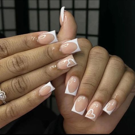 White French Tip Square, Pretty White Nails, Nails With Heart Designs, Square Manicure, French Tip Square, White Nails Design, Unique Acrylic Nail Designs, Fake Nails White, French Love