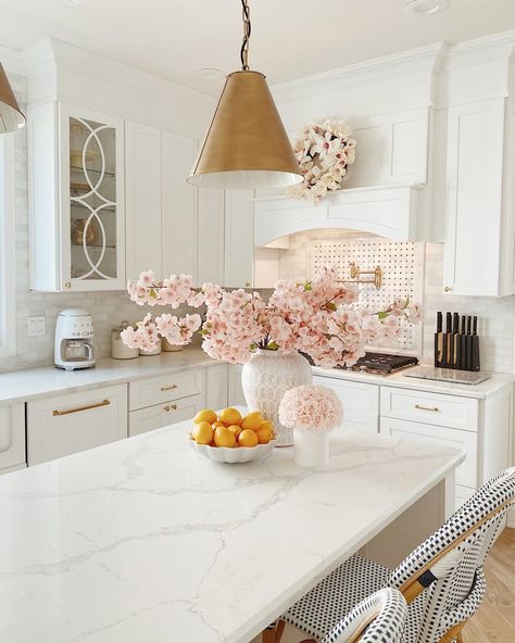 the.pink.dream | LIKEtoKNOW.it Feminine Kitchen, Waterfall Island Kitchen, White Kitchen Ideas, Tile Paint, White Kitchen Tiles, Classic White Kitchen, White Backsplash, Kitchen White, All White Kitchen