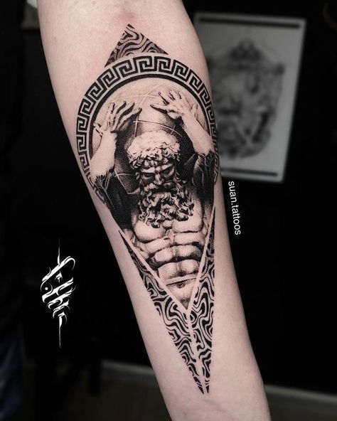 Atlas Sleeve Tattoo, Forearm Back Tattoo, Posideon Tattoo, Expensive Tattoos, Odysseus Tattoo, Atlas Tattoo Design, Betrayal Tattoo, Roman Tattoos, Gotik Tattoo