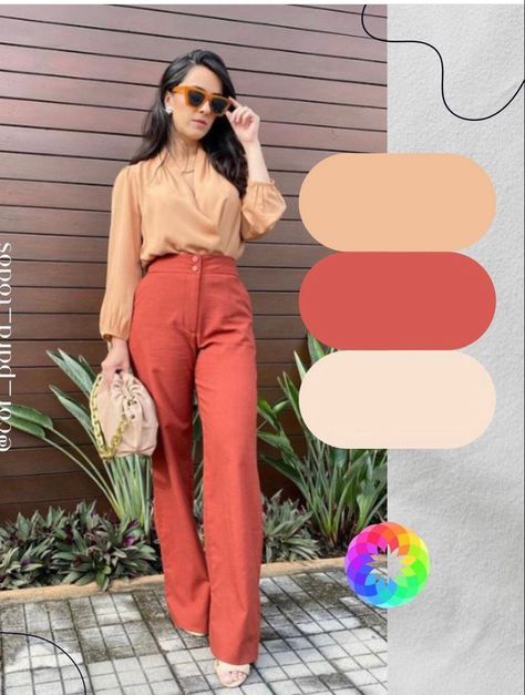 Peach Colour Combinations, Orange Pants Outfit, Peach Outfit, Colored Pants Outfits, Orange Color Combinations, Coral Outfit, Colour Combinations Fashion, Color Combos Outfit, Color Blocking Outfits