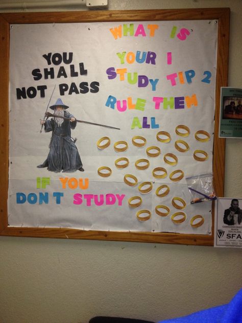 LOTR bulletin board Academic Ra Bulletin Board, Lord Of The Rings Classroom, Resident Assistant Bulletin Boards, Time Management College Student, College Bulletin Boards, Ra Themes, Passive Programs, Interactive Bulletin Boards, Ra Bulletins