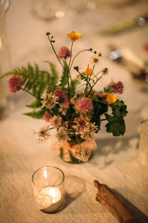 Wild flower jam jar for boho wedding at Rivington Barn, lancashire. Wedding Table Native Flowers, Native Wedding Flowers Table, Wildflowers In Bud Vases, Flower Jam, Jam Jar Posies, Mason Jar With Wild Flowers, British Flowers, General Ideas, Western Chic