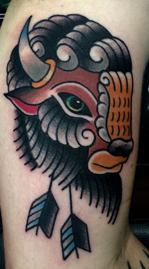 Buffalo Tattoo by Tony Nos Traditional Tattoo Animals, Ox Tattoo, Bison Tattoo, Buffalo Tattoo, Tato Tradisional, Cow Skulls, Traditional Style Tattoo, Traditional Tattoo Sleeve, Handpoke Tattoo