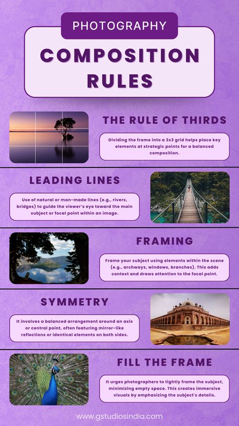 Composition rules of photography, composition rules, the rile of thirds, leading lines, framing, symmetry, fill the frame, video editing, photo editing, graphic editing, photography, GStudios India Third Rule Of Photography, Composition Ideas Photography, Composition Rules Photography, Rules Of Composition Photography, Composition Photography Examples, Photography Framing Composition, Photography Rules Of Composition, Rule Of Thirds Photography Examples, Different Types Of Photography Styles