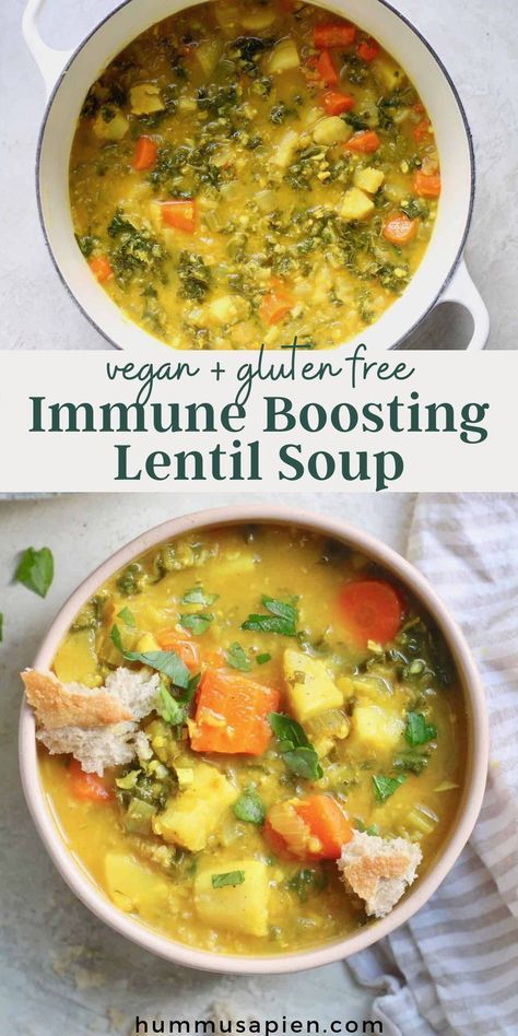 The coziest vegetable turmeric soup with lentils, greens, and ginger. A comforting winter meal in a bowl you'll crave all season long! This gluten free & vegan soup recipe has nutritious ingredients that boost your immune system, too. Soup With Lentils, Meal In A Bowl, Turmeric Soup, Anti Inflammation Recipes, Ginger Soup, Lentil Soup Recipes, Vegan Soup Recipes, Vegan Soups, Boost Your Immune System