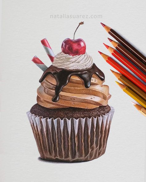 Realistic Dessert Drawing, Ice Cream Colored Pencil Drawing, Realistic Drawings Pencil Color, Cupcake Pencil Drawing, Realistic Cupcake Drawing, Drawing Ideas Realistic Coloring, Color Pencil Still Life, Realistic Food Drawings, Color Pencil Art Landscape