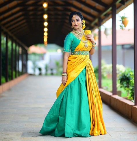 Cancan Saree Drape Bride, Cancan Saree Drape, Cancan Saree, Half Saree Ceremony, Kerala Engagement Dress, Saree Ceremony, Saree Drape, Silk Saree Blouse Designs Patterns, Long Blouse Designs