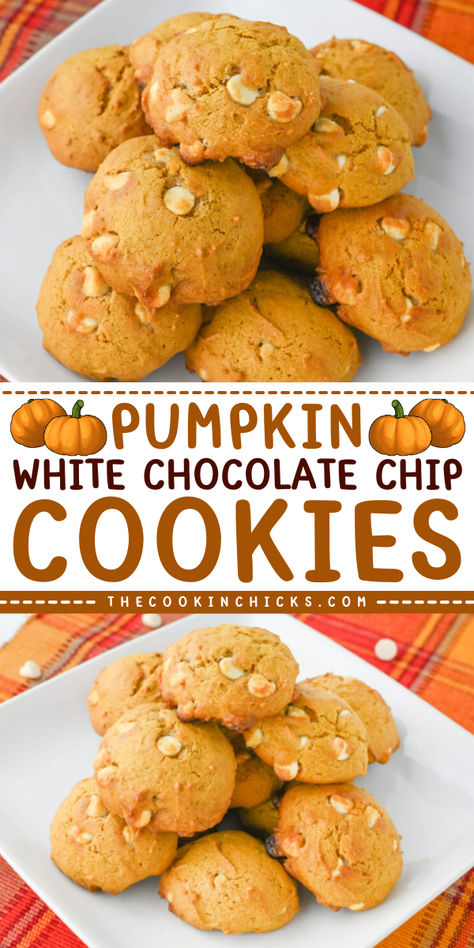 Enjoy the perfect Fall treat with our Pumpkin White Chocolate Chip Cookies recipe! These delightful cookies are sure to be a hit at any gathering. Get ready to bake up a batch of deliciousness that will have everyone coming back for more. Pumpkin Cookies With White Choc Chips, White Chocolate Chip Pumpkin Cookies, White Chocolate Pumpkin Cookies, Pumpkin White Chocolate Chip Cookies, Pumpkin White Chocolate, Chocolate Chip Cookies Soft, Cookies Soft And Chewy, The Cookin Chicks, Cinnamon Roll Bake