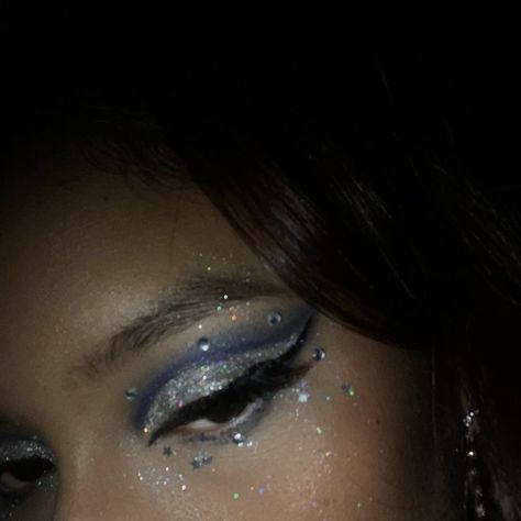 Theater Eye Makeup, Sparkly Concert Makeup, Eye Makeup Euphoria Inspired, Blue Eye Makeup With Rhinestones, Sparkly Glam Makeup, Blue And Silver Makeup Looks For Prom, Silver Sparkly Makeup, Blue Concert Makeup, Baby Blue Prom Makeup