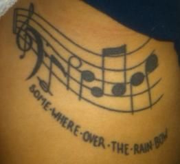 Somewhere over the rainbow tattoo - but with rainbow colors and no lyrics. Over The Rainbow Tattoo, Colorful Music Tattoo, No Rain No Rainbow Tattoo, Somewhere Over The Rainbow Tattoo Lyrics, Rainbow Tattoos Pride, Rainbow Music, Rainbow Tattoos, Diamonds In The Sky, Music Tattoo