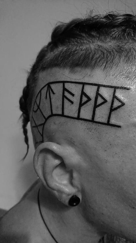 Head tattoo runes Nordic Head Tattoo, Viking Head Tattoo, Fingers Tattoo, Scalp Tattoo, Viking Head, Vikings Tattoo, Nordic Runes, Rune Tattoo, Head Tattoo