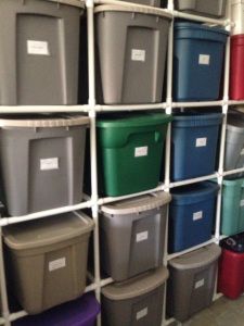 PVC Tote Storage Organizer - this is a picture of what we did in our garage plus instructions on how we did it. Pvc Pipe Storage, Garage Halloween, Basement Organization, Pvc Storage, Small Laundry Room Organization, Room Storage Diy, Pvc Pipe Projects, Diy Organizer, Metal Garage