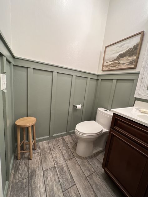 Olive Green Board And Batten Bathroom, Sage Green Bathroom Board And Batten, Sage Green Board And Batten Wall Bathroom, Board And Batten 1/2 Wall, Board And Batten Wall Half Bathroom, Restroom Board And Batten, Evergreen Fog Board And Batten Wall, Sage Green Board And Batten Bathroom, Bathroom Green Board And Batten