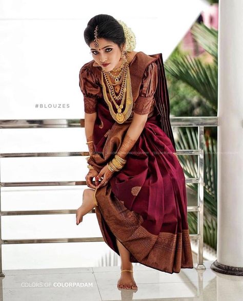 Bridal Jewellery Styling Inspiration For 2021!! • South India Jewels Broket Blouse Design, Kerala Wedding Saree, Blouse Party Wear, Silk Saree Wedding, South Indian Wedding Saree, South Indian Bride Saree, Wedding Wear Saree, Indian Bride Poses, Desi Vibes