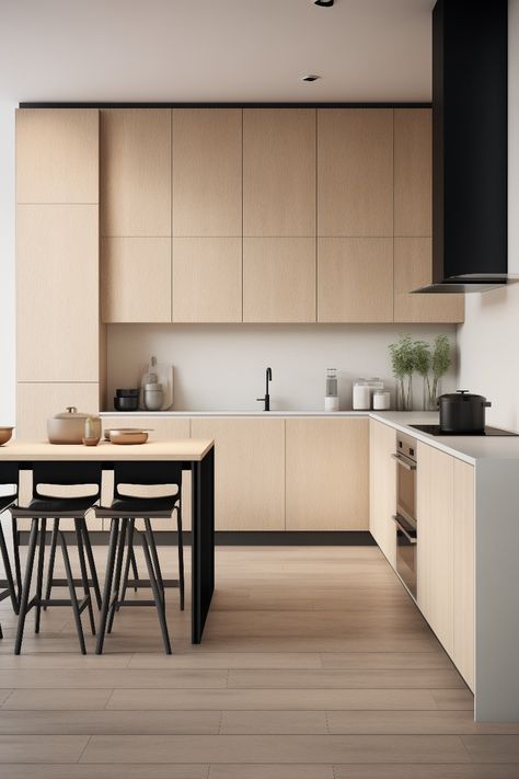 This minimalistic kitchen and dining room has a signature nordic look to it. The light wooden floor and sleek j pull drawers and cabinets create a stunning contrast with the black chairs, kitchen hood and metal table legs. The integrated oven and stove fit in seamlessly to the interior. Integrated Oven Kitchen, Modern Nordic Kitchen, Oven And Stove, Minimalistic Kitchen, Integrated Oven, Oven Kitchen, Light Wooden Floor, Black Chairs, Kitchen Hood