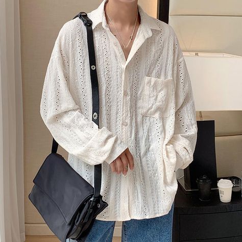 Casual Lapel Shirt Retro Hip Hop Men's Shirt Stylish Hollow Out Design Single-breasted with Chest Male Feminine Fashion, Mens Feminine Fashion, Y2k Shirts, Feminine Clothes, Clothing Male, Angel Fashion, Crop Pullover, Autumn Trends, Cooler Look