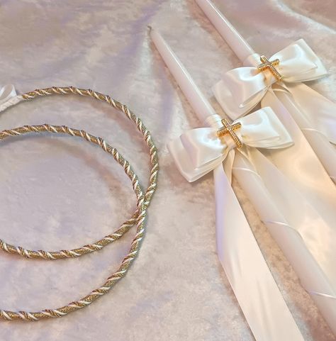 Stefana Candle Set, Greek Orthodox Wedding Crowns and Candles, Gold Lambathes, Stephana Crowns, Simple Stefana Orthodox Wedding Crowns, Greek Weddings, Greek Orthodox Wedding, Cross Candles, Candle Ribbon, Simple Bow, Orthodox Wedding, Church Wedding Decorations, Wedding Hair Wreath