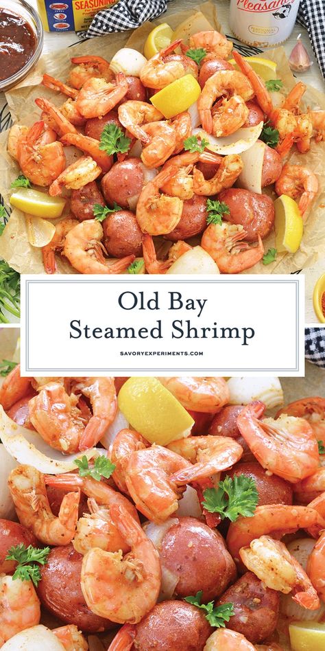 Steamed shrimp with seasoned onions, potatoes and good ole Maryland seasonings of Old Bay, garlic and BEER! Great for a cookout! Steamed Shrimp And Potatoes, Steamed Shrimp Recipe, Peel And Eat Shrimp, Spicy Gumbo, Seafood Lasagna, Steamed Potatoes, Steamed Shrimp, Delicious Seafood Recipes, Yummy Seafood