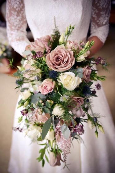 Bridal bouquet with vintage-shaded roses, eryngium, astrantia, nigella, astilbe and lisianthus.  By Sarah P Photography. Cascading Wedding Bouquets, Mauve Wedding, Flower Craft, Cascade Bouquet, Easy Flower, White Bouquet, Bride Bouquets, Bridal Flowers, Flower Bouquet Wedding