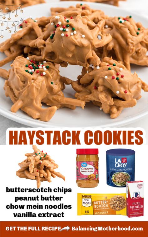 Easy & Fun Christmas Recipes | Peanut Butter Haystack cookies | Facebook Fun Christmas Recipes, Christmas Haystacks, Recipes Peanut Butter, Haystack Cookies, Easy Christmas Candy Recipes, Classic Cookies Recipes, Best Christmas Recipes, Best Sweets, Christmas Candy Recipes