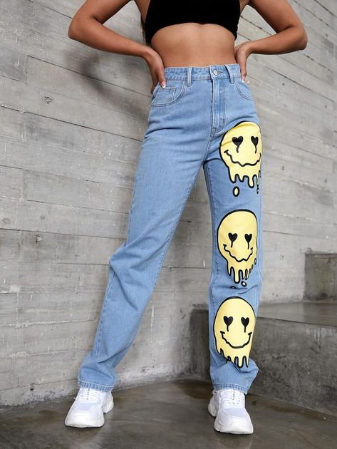 Denim Trousers Women, Custom Jeans, Painted Jeans, High Waist Denim, Outfit Jeans, Painted Clothes, Women Street, Modieuze Outfits, Printed Jeans