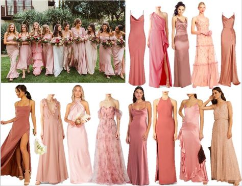 Mismatched Blush Bridesmaid Dresses, Rose Pink Bridesmaid Dresses, Peach Bridesmaid Dresses, Blush Pink Bridesmaids, Wedding Color Pallet, Bridesmaid Dresses Boho, Bridal Party Outfit, Bridesmaid Colors, Mismatched Bridesmaids