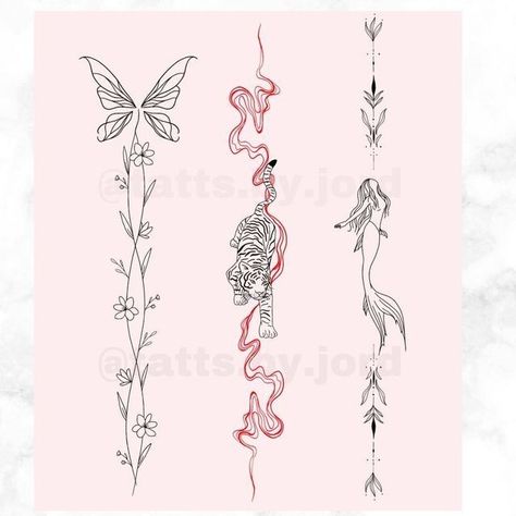 Spine Tattoos For Women Quote With Flower, Spine Tattoos For Women Line Work, Different Spine Tattoos, Spine Design Tattoo, Dainty Feminine Tattoos Spine, Femine Tattoo Spine, Spine Tattoo Phrases, Heart Tattoo Spine, Easy Spine Tattoos For Women