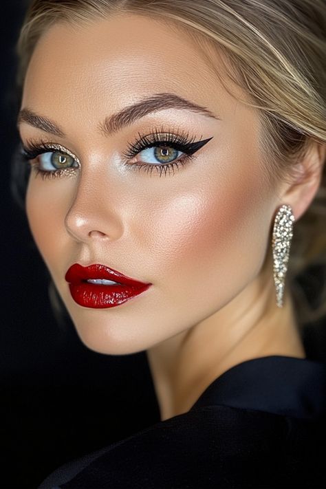 Party Makeup Blue Eyes, Eras Tour Makeup Ideas, Eras Tour Makeup, Christmas Party Makeup, Holiday Party Makeup, Makeup Highlight, Party Makeup Looks, New Years Eve Makeup, Red Lipstick Makeup