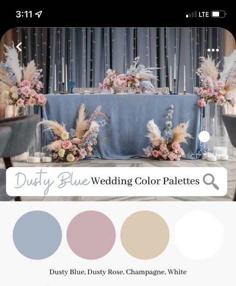 Champagne And Dusty Blue Wedding Color Palettes, Sage Dusty Blue Mauve Rose Gold Wedding, Blue And Nude Wedding, Champagne Wedding Themes, Champagne Gold Wedding, Moodboard Wedding, Blush Wedding Theme, Wedding Theme Color Schemes, Gold Wedding Colors