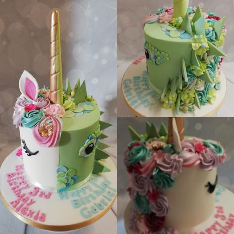 half unicorn half dinosaur cake Unicorn And Dinosaur Twin Party, Half Unicorn Half Dinosaur Cake, Unicorn Dragon Cake, Dino And Unicorn Party Decorations, Dinosaurs And Unicorns Party Decorations, Dino Unicorn Cake, Unicorn And Dragon Cake, Unicorn And Dinosaur Party Decorations, Dinosaur And Unicorn Cake