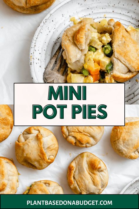 This Mini Vegan Pot Pies recipe is so simple and perfect for a quick, easy, and delicious holiday meal! They're a great bite-sized dish that will certainly be a crowd-pleaser! #plantbasedonabudget #mini #vegan #pot #pie Mini Vegan Pot Pies, Veggie Pot Pie Recipe, Vegan Pot Pie Recipe, Vegan Chicken Pot Pie, Vegan Pot Pie, Mini Pot Pies, Veggie Pot Pie, Vegan Pot Pies, Vegetable Pot Pies