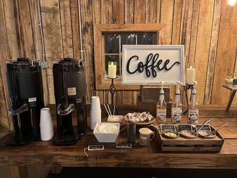 Coffee Bar Event Set Up, Banquet Coffee Station Set Up, Coffee Station Party Ideas, Self Serve Coffee Bar Wedding Reception, Tea And Coffee Station Wedding, Coffee Catering Set Up, Coffee Station For Party, Coffee Hour Wedding, Party Coffee Bar Ideas