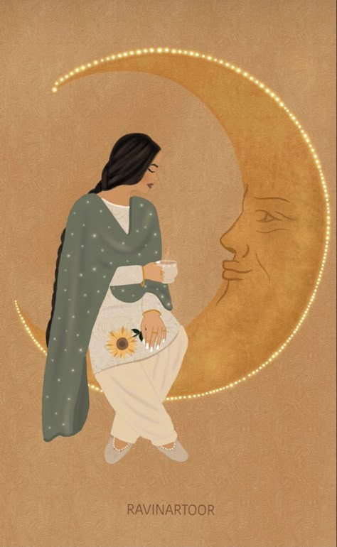 Modern Indian Art, Talking To The Moon, South Asian Art, Child Art, Indian Folk Art, Girly Art Illustrations, Girls Cartoon Art, Girly Art, Moon Child