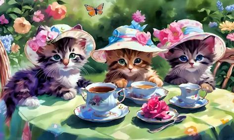 Kitten Tea Party – Friday’s Free Daily Jigsaw Puzzle Good Morning Cartoon, Cat Picture, Cat Puzzle, Free Illustration, Cat Hat, Cute Kittens, Free Illustrations, Drinking Tea, Cat Pics