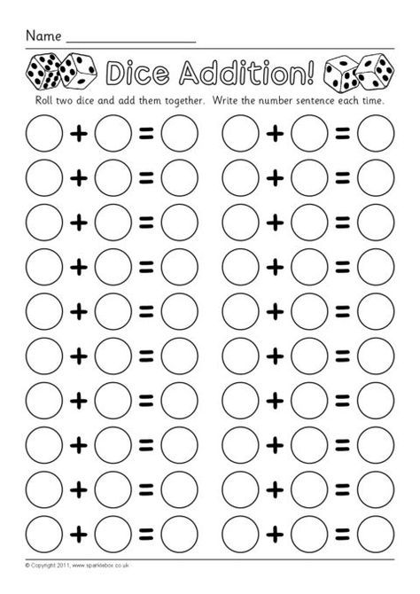 Dice Addition Worksheets (SB6050) - SparkleBox Dice Addition, Addition Worksheet, Rolling Dice, Addition Worksheets, Addition And Subtraction, Writing, Quick Saves